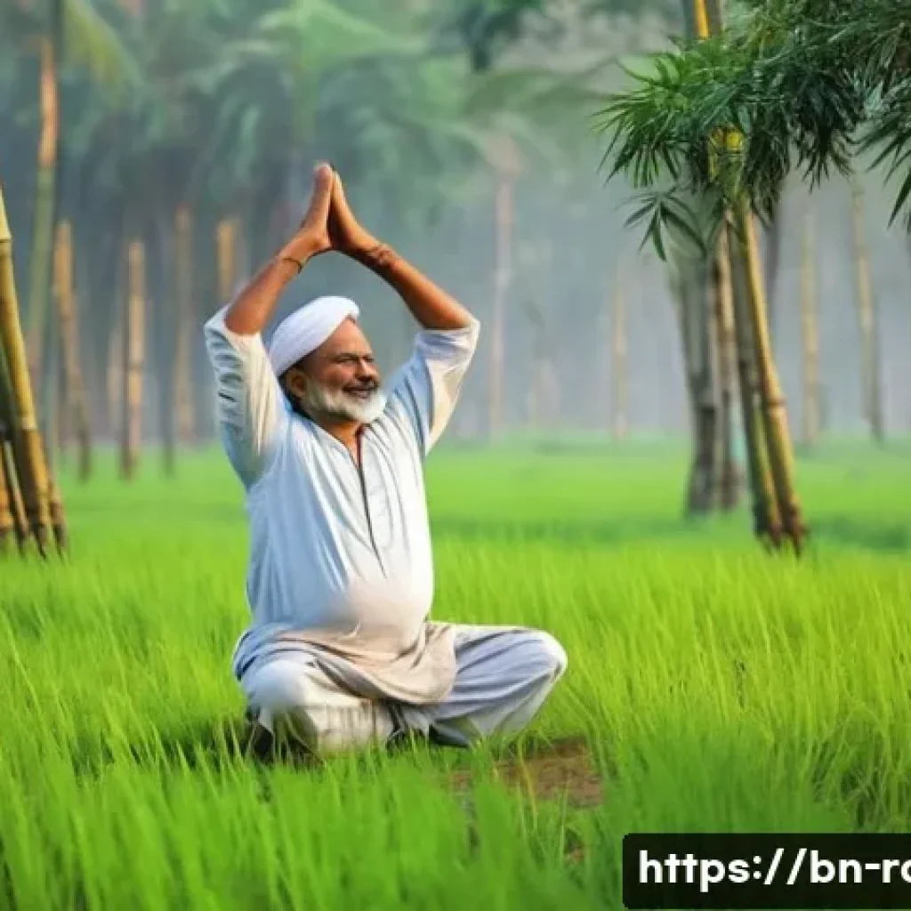 희귀질환 치료를 위한 재활 운동 가이드 - A serene outdoor scene in rural Bengal during early morning light, featuring a middle-aged Bengali m...