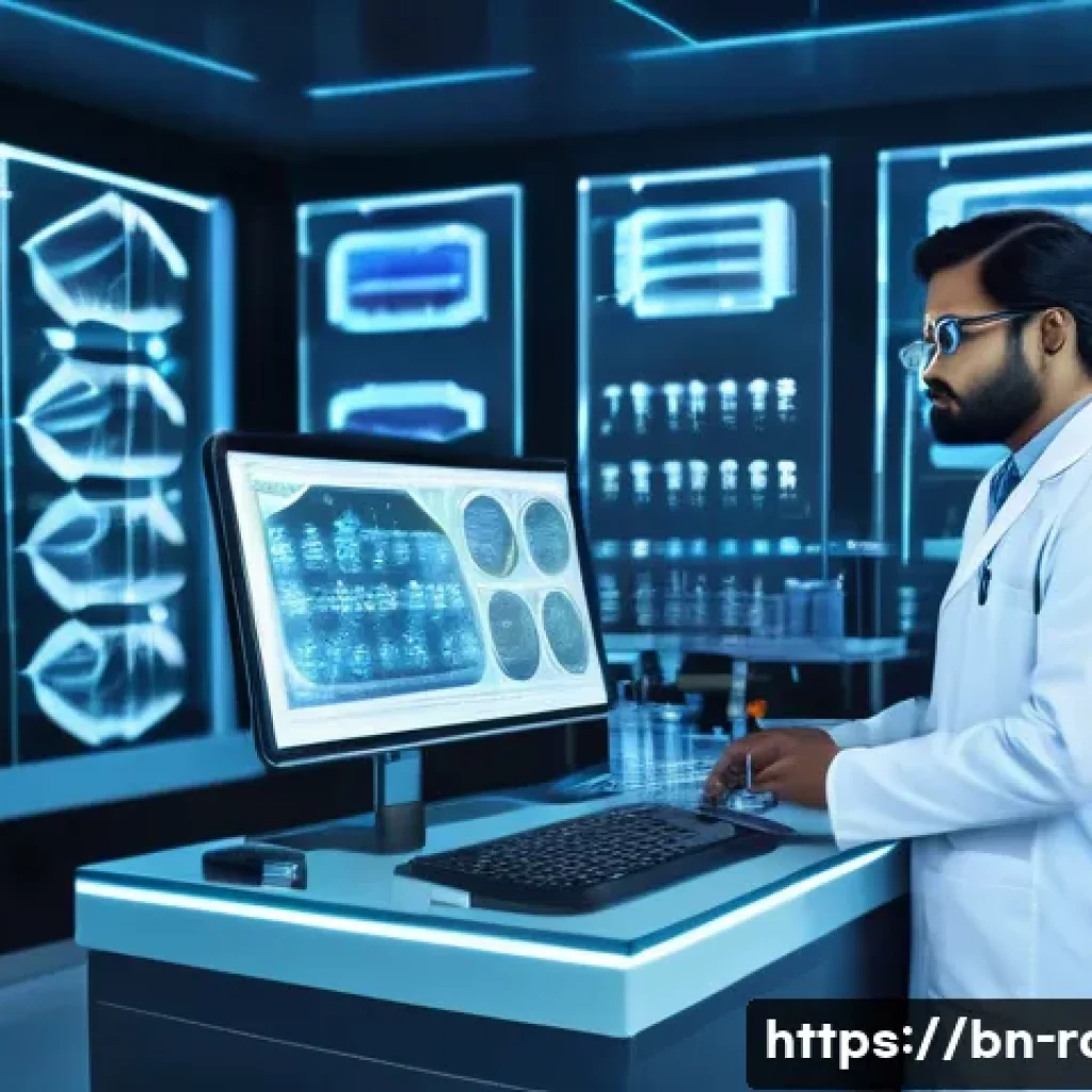 근육병과 난치성 장애 치료 후기 - A detailed futuristic laboratory scene focused on genetic therapy for muscle disease treatment, feat...