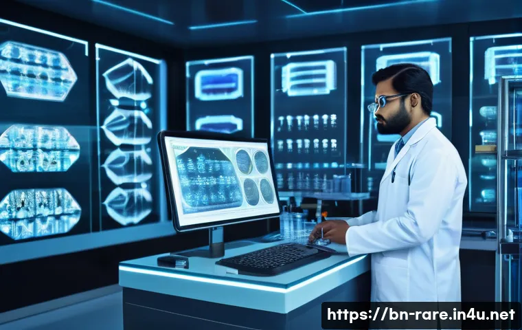근육병과 난치성 장애 치료 후기 - A detailed futuristic laboratory scene focused on genetic therapy for muscle disease treatment, feat...