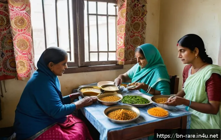 루게릭병 환자의 식단 관리 - A warm, inviting kitchen scene featuring a Bengali family preparing nutritious meals for a patient w...