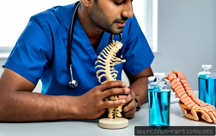 다발성 경화증과 척수염의 차이 - Photorealistic medical consultation scene, a compassionate neurologist showing an adult patient two ...