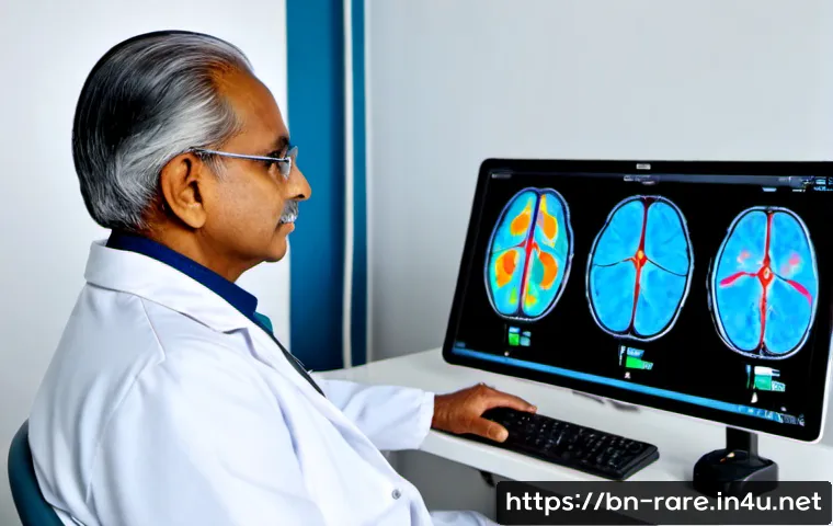 파킨슨병 최신 진단 기술 - Photorealistic modern neurology clinic, compassionate South Asian Bengali elderly man wearing a neat...