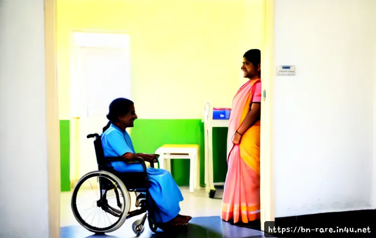 난치성 장애 환자를 위한 국가 지원 - Photorealistic Bangladesh public healthcare support scene, a wheelchair-using adult with a visible m...
